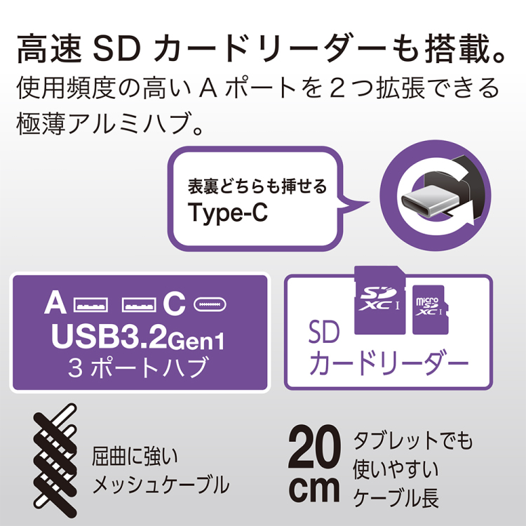 ナカバヤシ USB3G1Type-C3Pアルミコンボハブ/シルバー COM-C3SD143SL (tm)