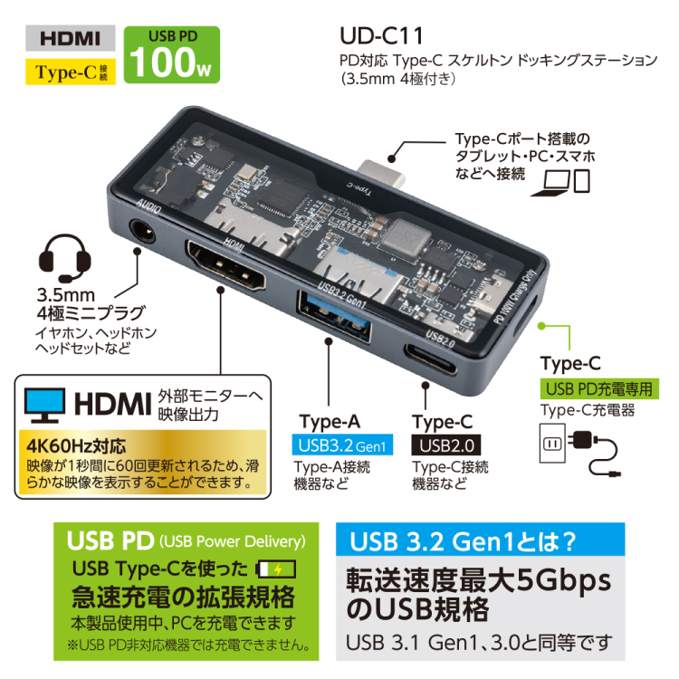 ナカバヤシ PD対応Type-Cスケルトンドッキングステーション/グレー UD-C11GY (tm)