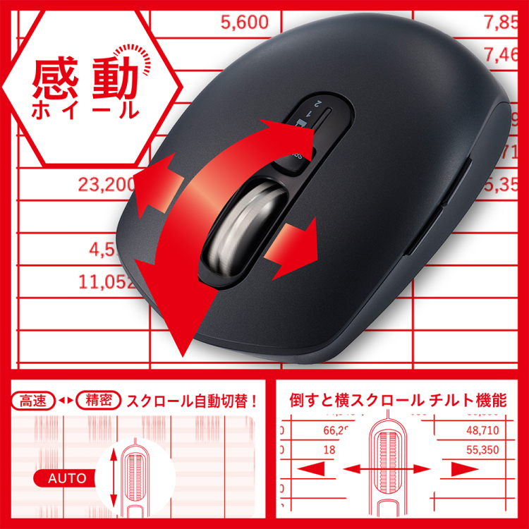 ナカバヤシ 【感動ホイールマウス】Bluetooth・USB無線(デュアル)静音5ボタンBlueLEDマウス Sサイズ/ブラック MUS-DKF239BK (tm) の商品画像16枚目