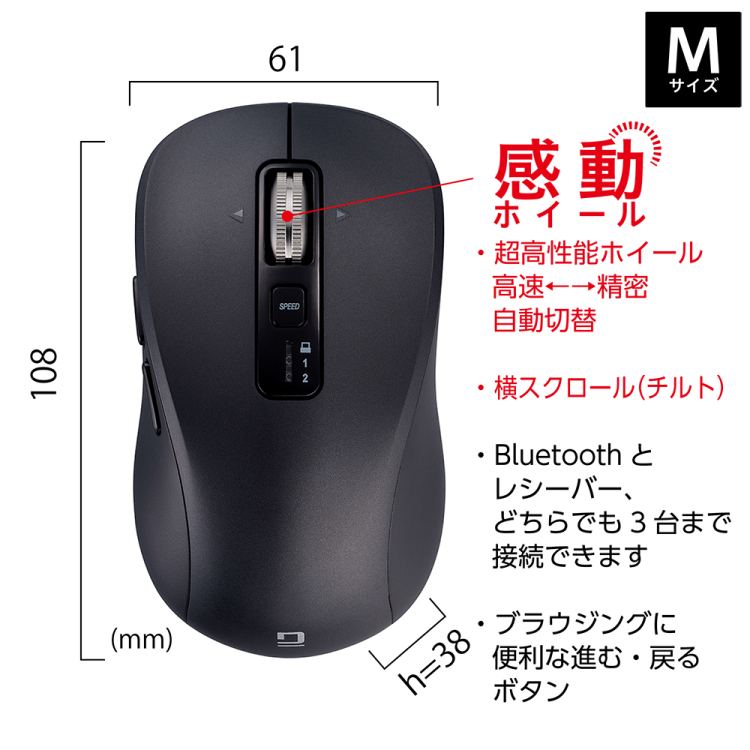ナカバヤシ 【感動ホイールマウス】Bluetooth・USB無線(デュアル)静音5ボタンBlueLEDマウス Mサイズ/ブラック MUS-DKF242BK (tm)の商品画像3枚目