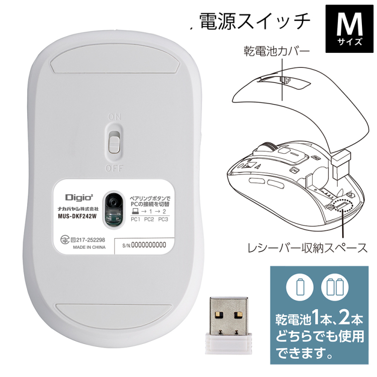 ナカバヤシ 【感動ホイールマウス】Bluetooth・USB無線(デュアル)静音5ボタンBlueLEDマウス Mサイズ/ホワイト MUS-DKF242W (tm)の商品画像12枚目