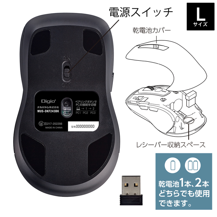 ナカバヤシ 【感動ホイールマウス】Bluetooth・USB無線(デュアル)静音5ボタンBlueLEDマウス Lサイズ/ブラック MUS-DKF243BK (tm)の商品画像12枚目