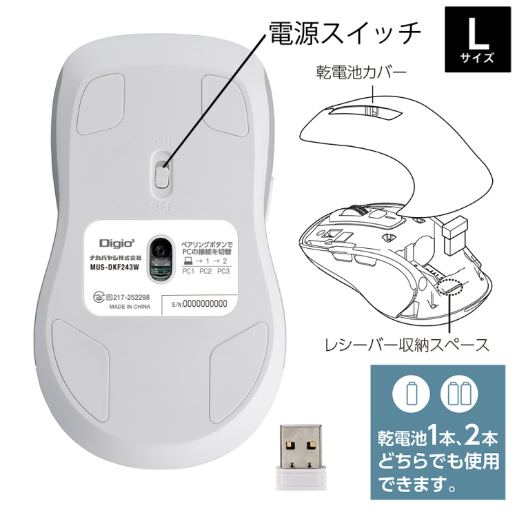 ナカバヤシ 【感動ホイールマウス】Bluetooth・USB無線(デュアル)静音5ボタンBlueLEDマウス Lサイズ/ホワイト MUS-DKF243W (tm)の商品画像12枚目