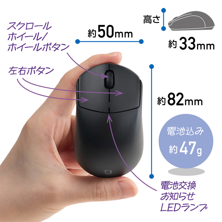 ナカバヤシ 小型無線静音3ボタンBlueLEDマウス/ブラック MUS-RKT249BK (tm)の商品画像3枚目