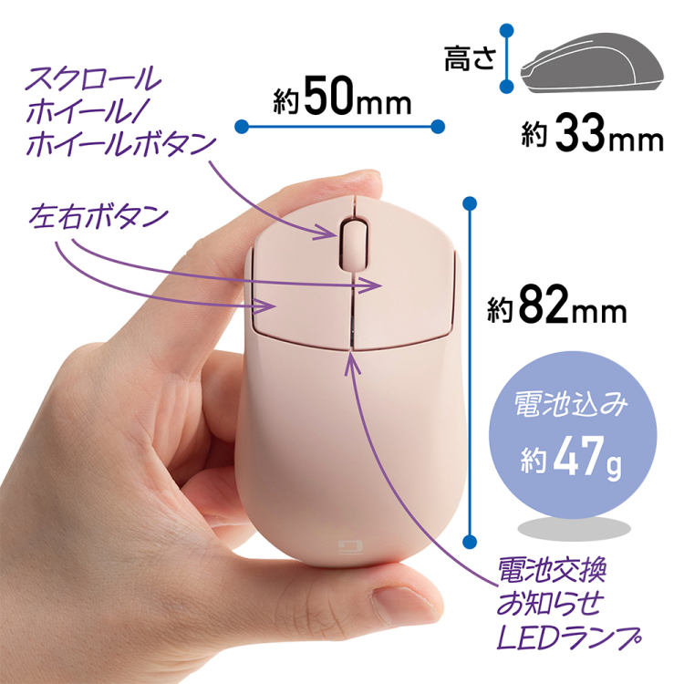 ナカバヤシ 小型無線静音3ボタンBlueLEDマウス/ピンク MUS-RKT249P (tm)の商品画像3枚目