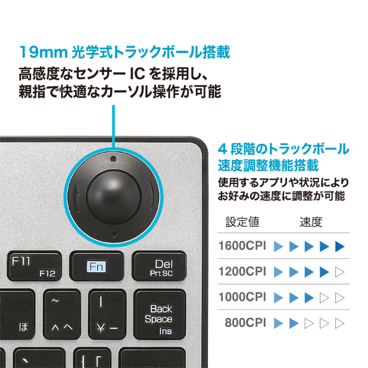 ナカバヤシ 無線トラックボールキーボード/シルバー FKB-R252SL (tm)の商品画像5枚目