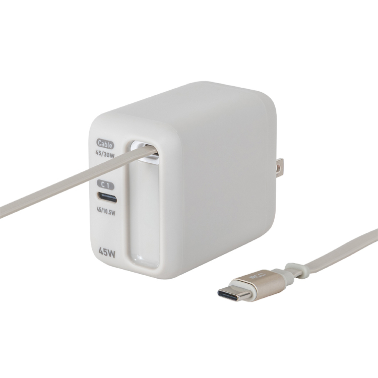 ナカバヤシ　リールケーブル付USB　PD充電器45W／グレージュ　JYU-ACR0145GY　(tm)の商品画像1枚目