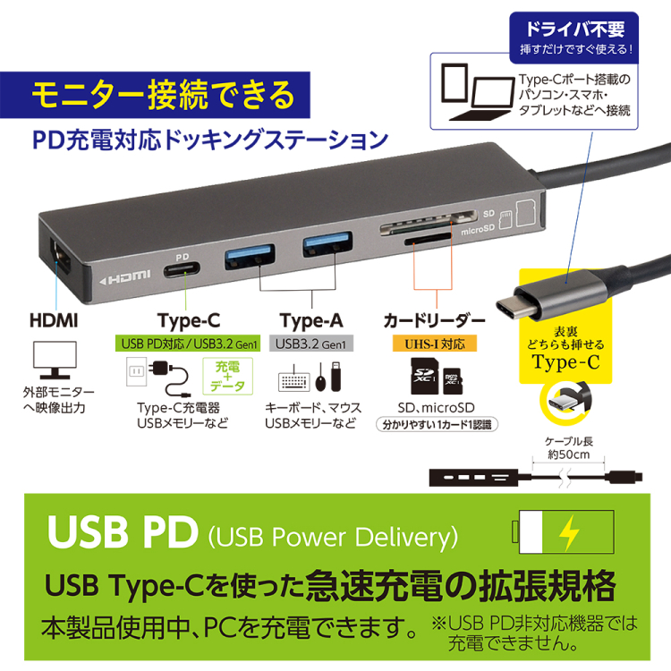 ナカバヤシ 【STIXシリーズ】PD対応Type-Cアルミドッキングステーション50cm/シルバー UD-C01LSL (tm)の商品画像8枚目
