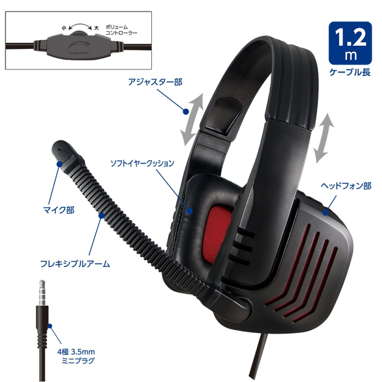 ナカバヤシ　4極ヘッドセット／ブラックxレッド　MHM-SGM30BKR　(tm)　の商品画像4枚目