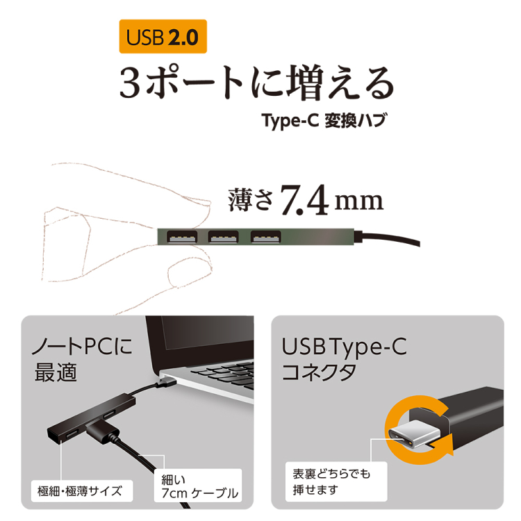 ナカバヤシ　アルミ極薄USBハブ【STIX】シリーズ　 USB2.0 Type-C 3ポート変換ハブ/グレー　UH-C2573GY　(tm)　の商品画像5枚目