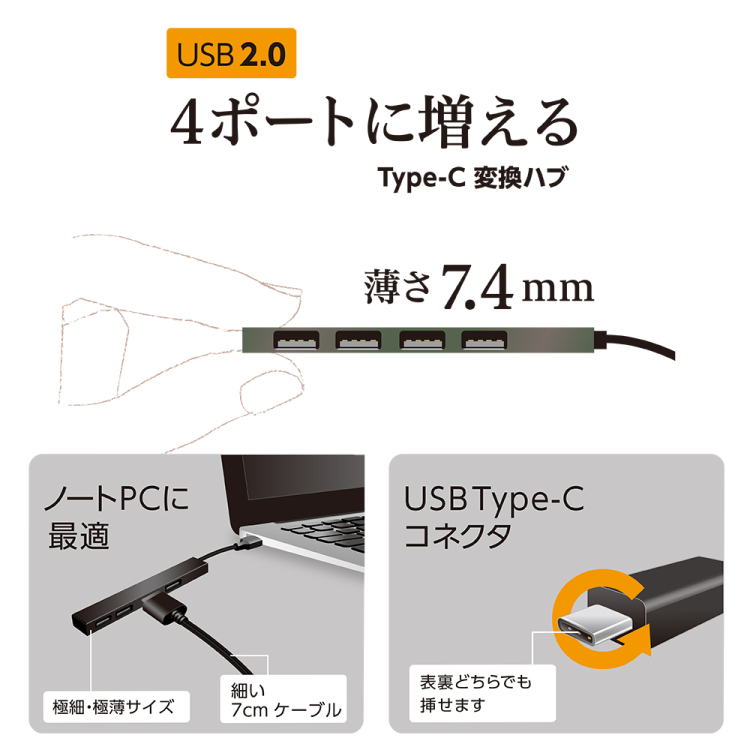 ナカバヤシ アルミ極薄USBハブ【STIX】シリーズ USB2.0 Type-C 4ポート変換ハブ/グレー UH-C2584GY (tm) の商品画像5枚目
