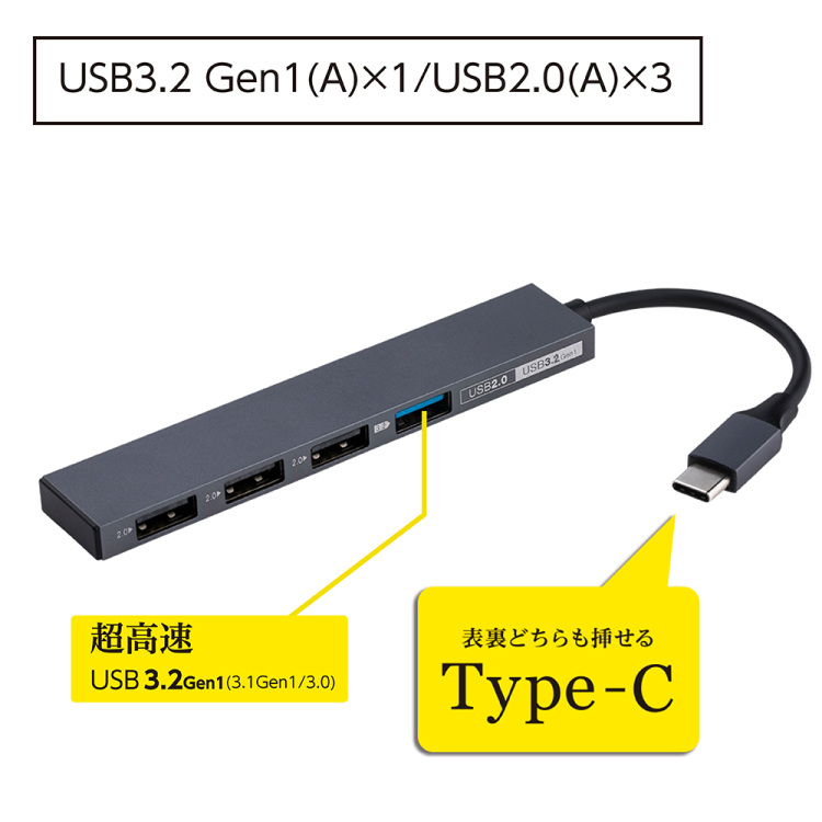 ナカバヤシ アルミ極薄USBハブ【STIX】シリーズ USB3.2Gen1+2.0 Type-C 4ポート変換ハブ/グレー UH-C3294GY (tm) の商品画像2枚目