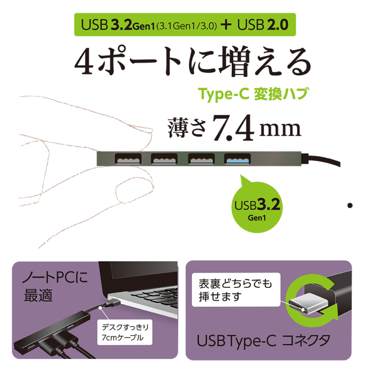 ナカバヤシ アルミ極薄USBハブ【STIX】シリーズ USB3.2Gen1+2.0 Type-C 4ポート変換ハブ/グレー UH-C3294GY (tm) の商品画像5枚目