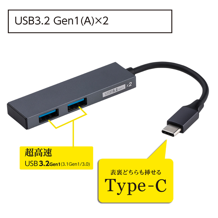 ナカバヤシ　アルミ極薄USBハブ【STIX】シリーズ　 USB3.2Gen1 Type-C 2ポート変換ハブ/グレー　UH-C3302GY　(tm)　の商品画像2枚目