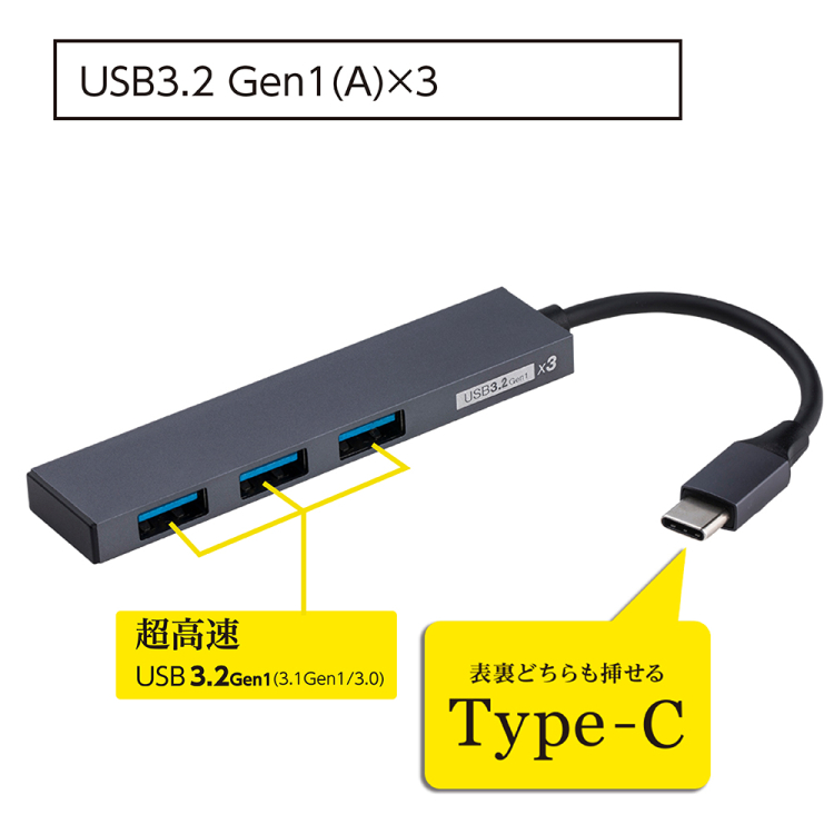 ナカバヤシ アルミ極薄USBハブ【STIX】シリーズ USB3.2Gen1 Type-C 3ポート変換ハブ/グレー UH-C3313GY (tm) の商品画像2枚目