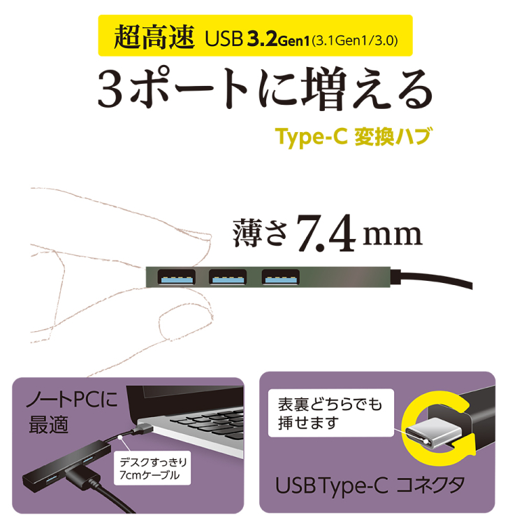 ナカバヤシ アルミ極薄USBハブ【STIX】シリーズ USB3.2Gen1 Type-C 3ポート変換ハブ/グレー UH-C3313GY (tm) の商品画像5枚目