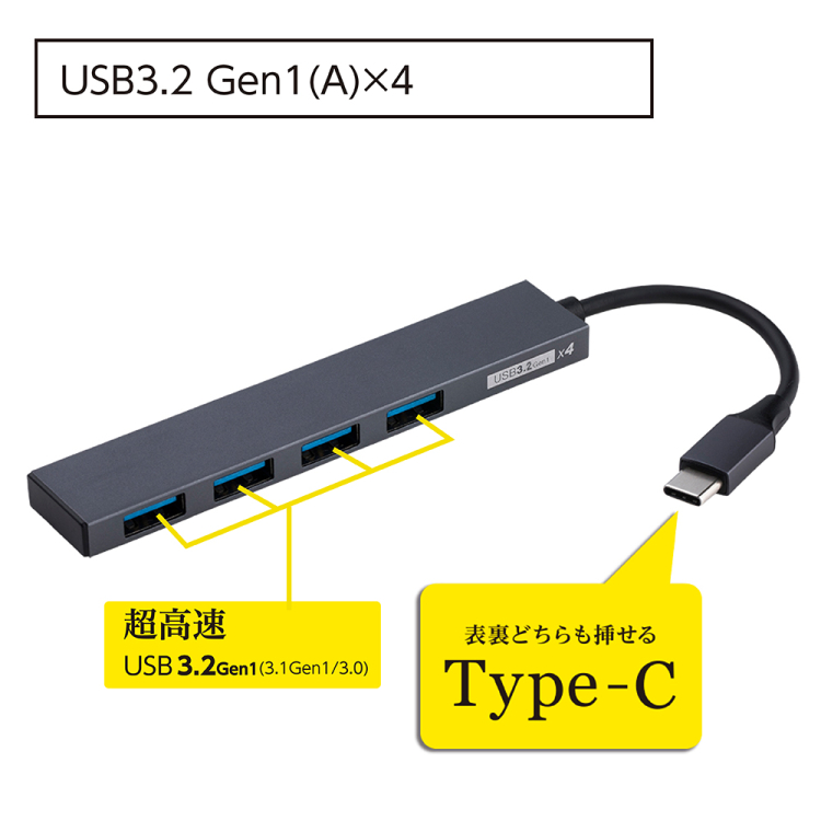 ナカバヤシ アルミ極薄USBハブ【STIX】シリーズ USB3.2Gen1 Type-C 4ポート変換ハブ/グレー UH-C3324GY (tm) の商品画像2枚目