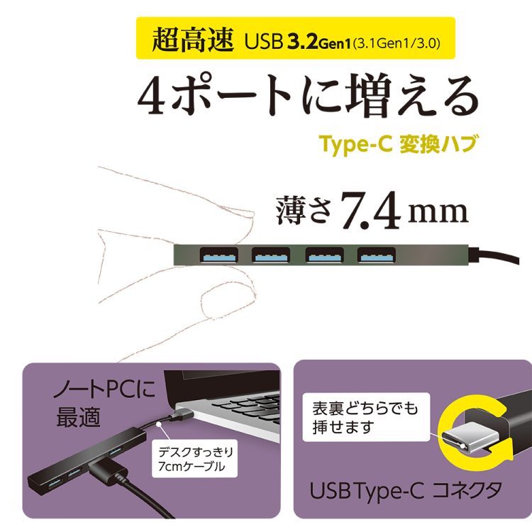 ナカバヤシ アルミ極薄USBハブ【STIX】シリーズ USB3.2Gen1 Type-C 4ポート変換ハブ/グレー UH-C3324GY (tm) の商品画像5枚目