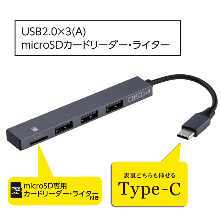 ナカバヤシ アルミ極薄USBハブ【STIX】シリーズ USB2.0 Type-C 3ポート変換µSDカードリー COM-C2MSD113GY (tm) の商品画像2枚目