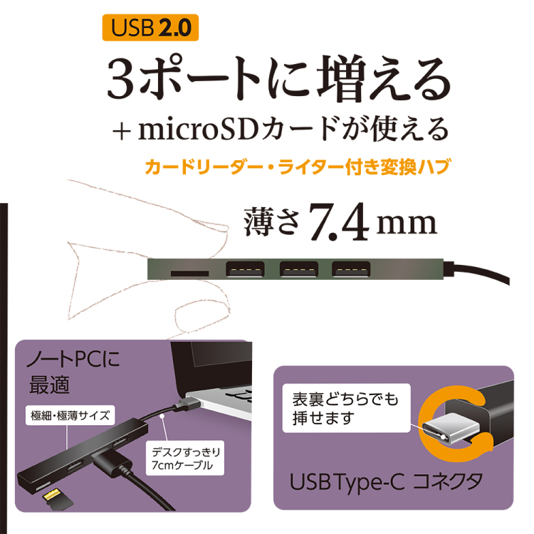 ナカバヤシ アルミ極薄USBハブ【STIX】シリーズ USB2.0 Type-C 3ポート変換µSDカードリー COM-C2MSD113GY (tm) の商品画像5枚目