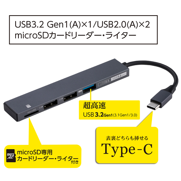 ナカバヤシ アルミ極薄USBハブ【STIX】シリーズ USB3.2Gen1+2.0 Type-C 3ポート変換µSDカ COM-C3MSD123GY (tm) の商品画像2枚目