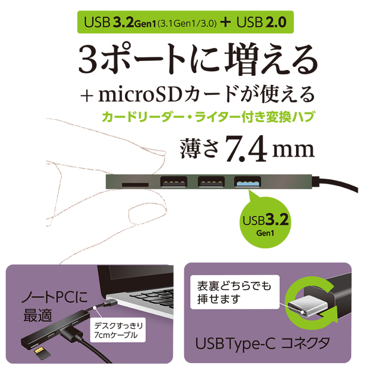 ナカバヤシ アルミ極薄USBハブ【STIX】シリーズ USB3.2Gen1+2.0 Type-C 3ポート変換µSDカ COM-C3MSD123GY (tm) の商品画像4枚目
