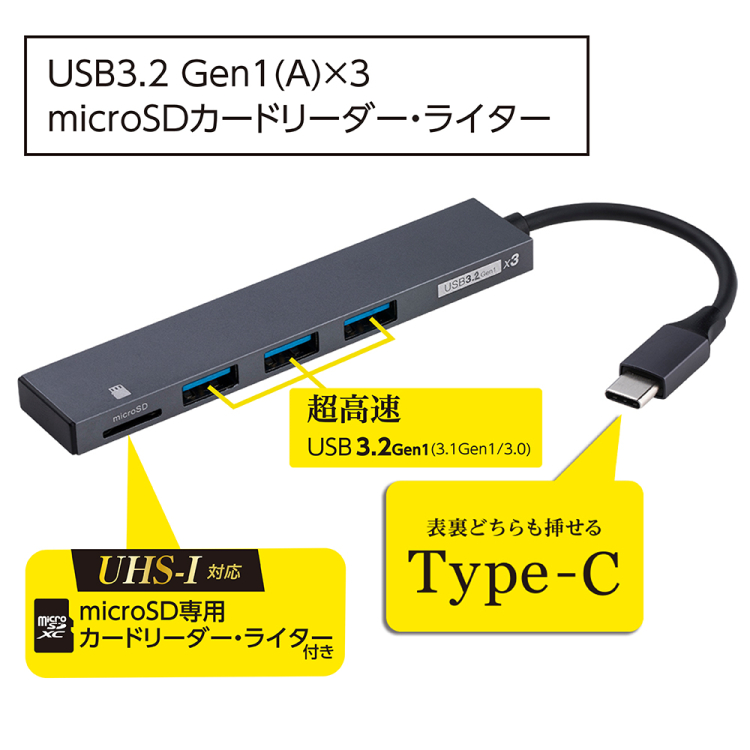 ナカバヤシ アルミ極薄USBハブ【STIX】シリーズ USB3.2Gen1 Type-C 3ポート変換µSDカード COM-C3MSD133GY (tm) の商品画像2枚目