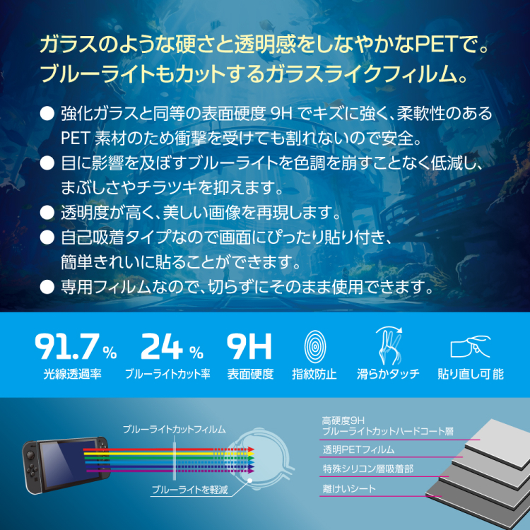 ナカバヤシ　SWITCH 2用ティスプレイ保護フィルム／ガラスライク・光沢ブルーライトカット　GAF-SW2FLKBC9H　(tm)の商品画像3枚目