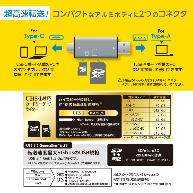 ナカバヤシ USB3.2Gen1(3.1Gen1/3.0)  Type-C&A SD/micoroSDアルミカードリーダー CRW-DC3SD86GY　(tm)の商品画像6枚目