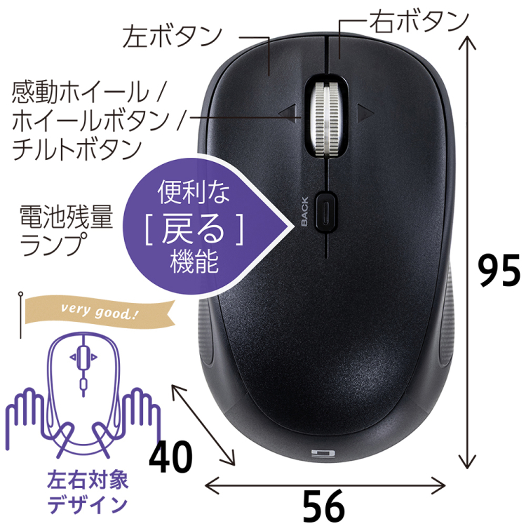 ナカバヤシ　【感動ホイールマウス】  小型Bluetooth・USB無線(デュアル)静音4ボタンBlueLEDマウス/ブラック　MUS-DKQ257BK　(tm)の商品画像3枚目