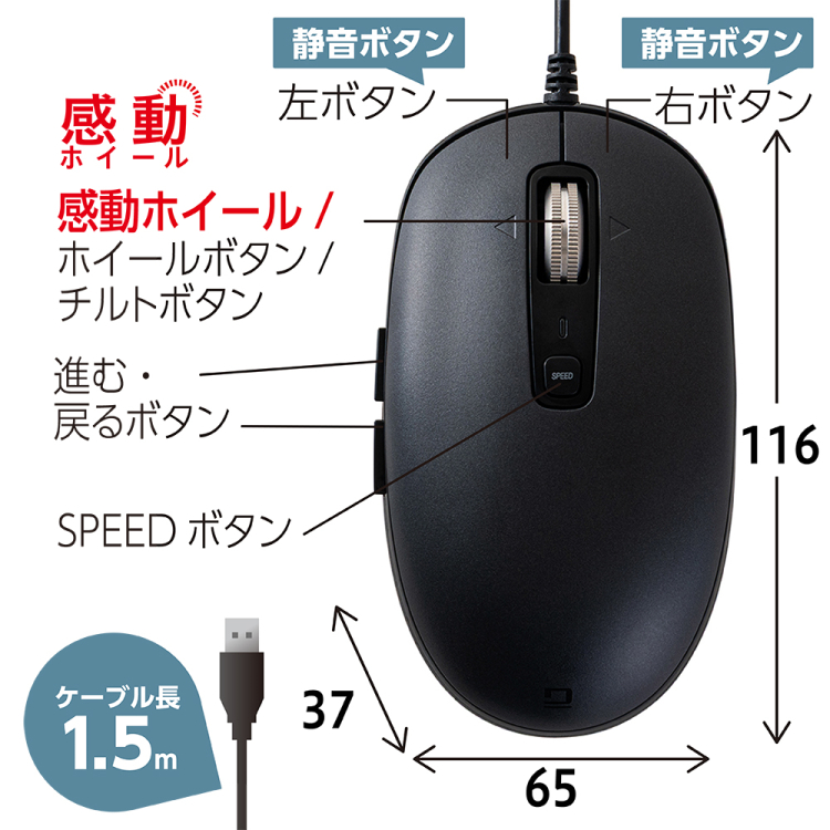 ナカバヤシ 【感動ホイールマウス】有線静音5ボタンBlueLEDマウス/ブラック MUS-UKF269BK (tm)の商品画像14枚目