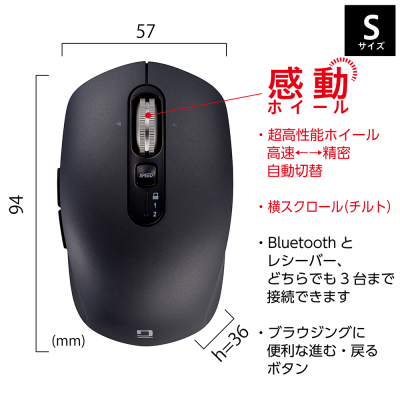 ナカバヤシ 【感動ホイールマウス】Bluetooth・USB無線(デュアル)静音5ボタンBlueLEDマウス Sサイズ/ブラック MUS-DKF239BK (tm) の商品画像3枚目
