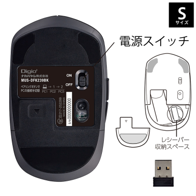 ナカバヤシ 【感動ホイールマウス】Bluetooth・USB無線(デュアル)静音5ボタンBlueLEDマウス Sサイズ/ブラック MUS-DKF239BK (tm) の商品画像12枚目