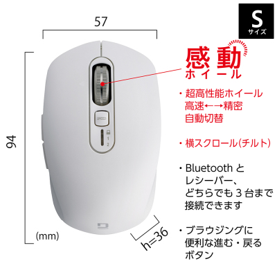 ナカバヤシ 【感動ホイールマウス】Bluetooth・USB無線(デュアル)静音5ボタンBlueLEDマウス Sサイズ/ホワイト MUS-DKF239W (tm)の商品画像3枚目