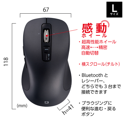 ナカバヤシ 【感動ホイールマウス】Bluetooth・USB無線(デュアル)静音5ボタンBlueLEDマウス Lサイズ/ブラック MUS-DKF243BK (tm)の商品画像3枚目