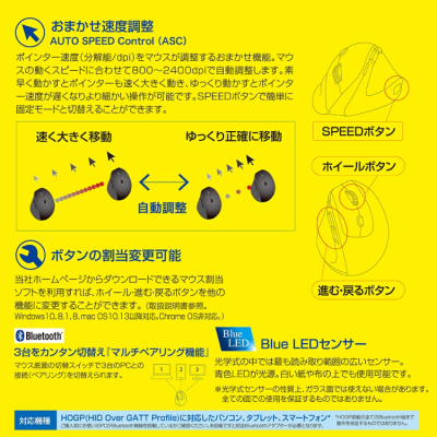 ナカバヤシ 高速スクロール Bluetooth5.0 エルゴノミクス5ボタン BlueLEDマウス/ブラック MUS-BKF177BK (tm)の商品画像11枚目