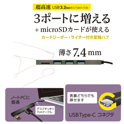 ナカバヤシ アルミ極薄USBハブ【STIX】シリーズ USB3.2Gen1 Type-C 3ポート変換µSDカード COM-C3MSD133GY (tm) の商品画像4枚目