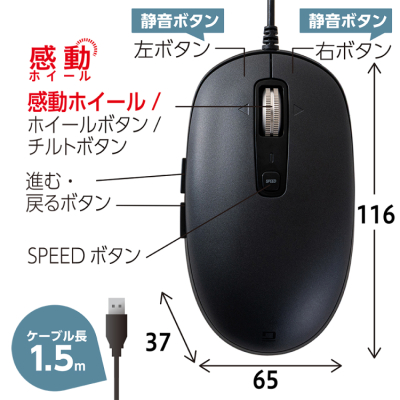 ナカバヤシ 【感動ホイールマウス】有線静音5ボタンBlueLEDマウス/ブラック MUS-UKF269BK (tm)の商品画像14枚目