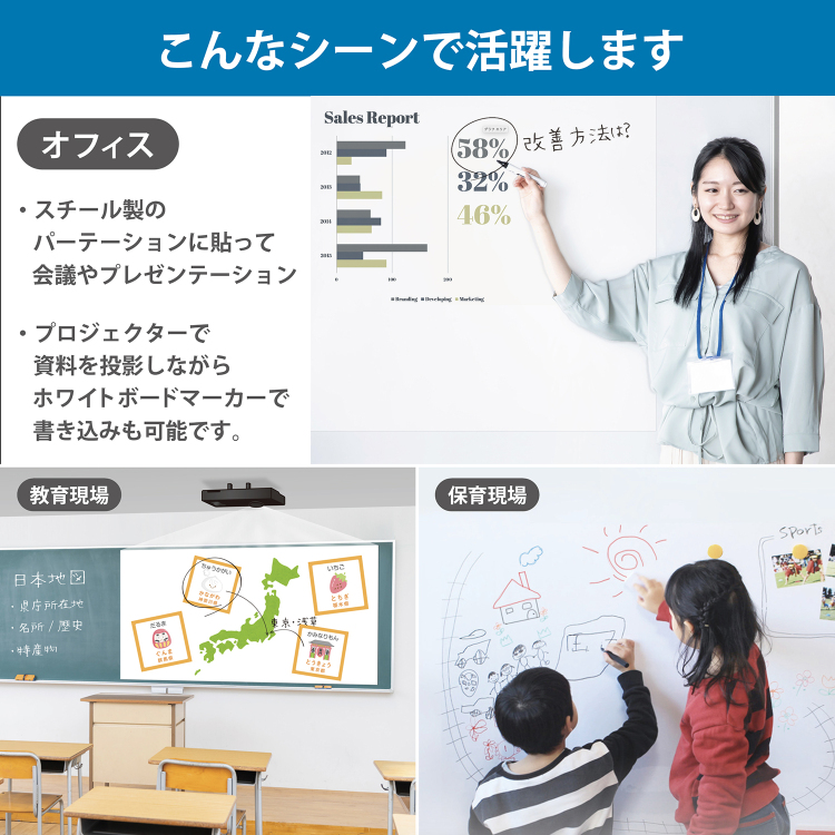 プロジェクター投影もできる 広幅マグネットホワイトボードシート