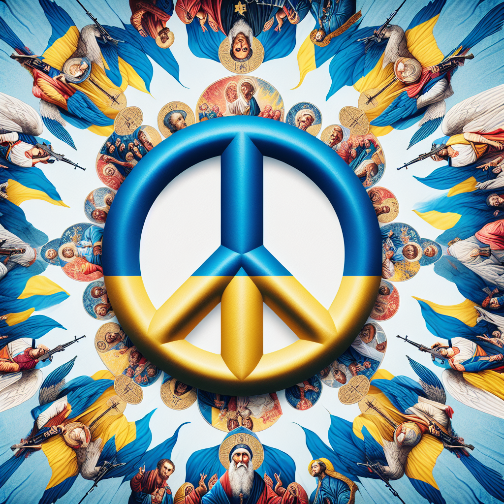 Dibujo de un símbolo de paz rodeado por las banderas de Ucrania y del Vaticano, simbolizando la esperanza de paz a través de la diplomacia.