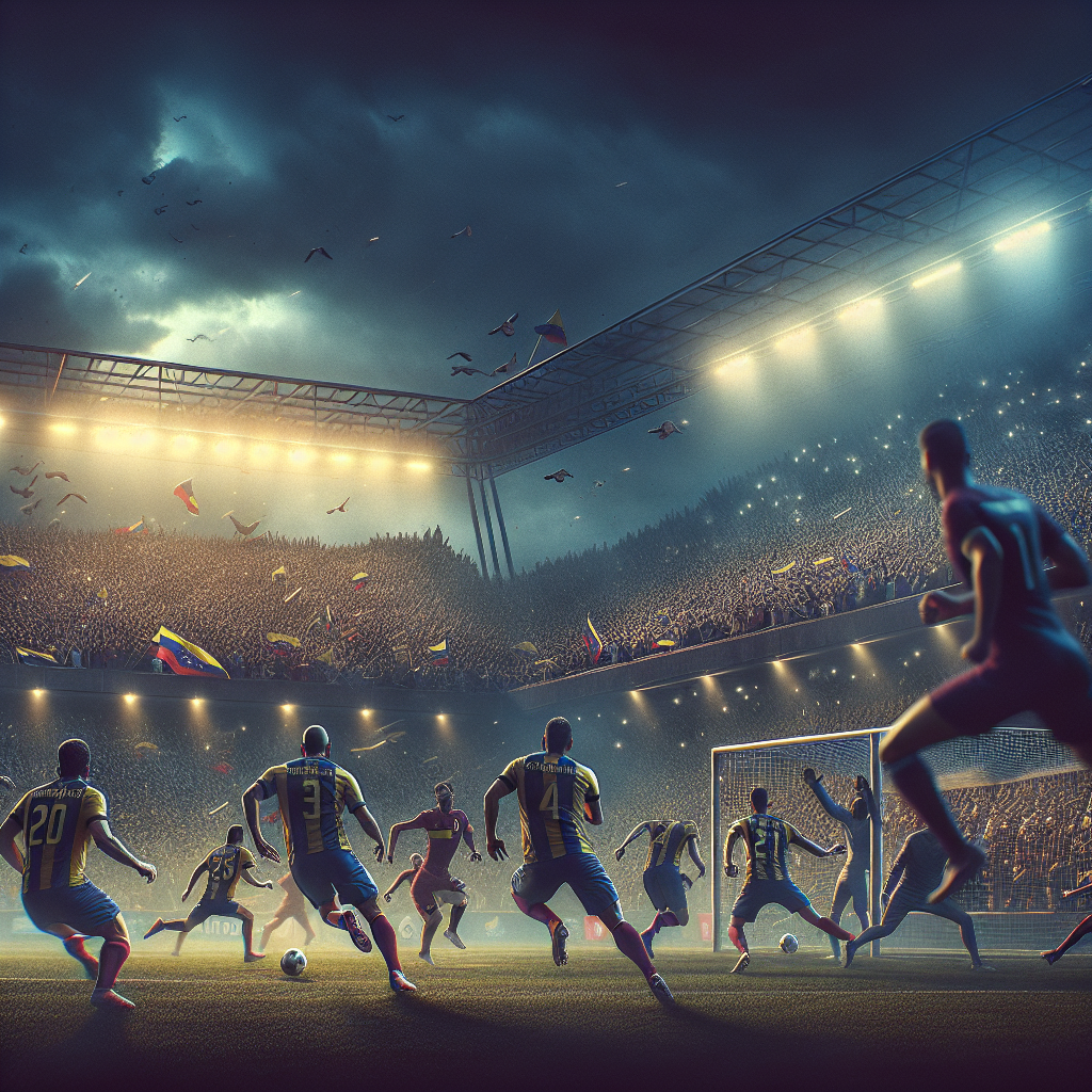 リベルタドーレスカップで戦うベネズエラのチームの熱戦の様子を捉えた写真。緊迫した試合展開が伝わる場面を描写