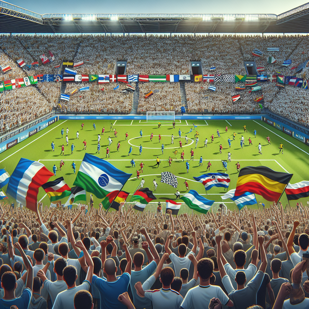 Un estadio lleno de vida durante un partido de fútbol, con aficionados apoyando apasionadamente a sus equipos