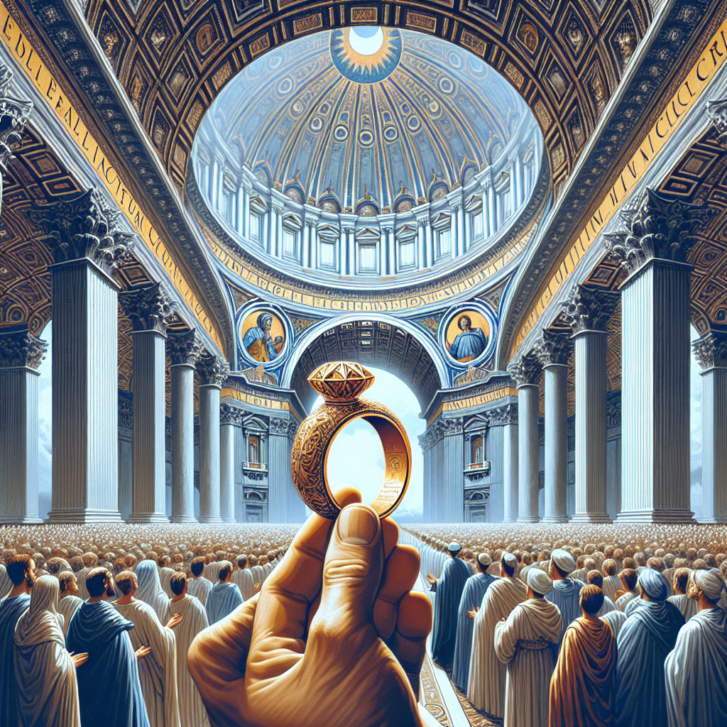 Illustration of the Fisherman's Ring being solemnly annulled, capturing the cultural and historical weight of the event, with a background showing Saint Peter's Basilica.