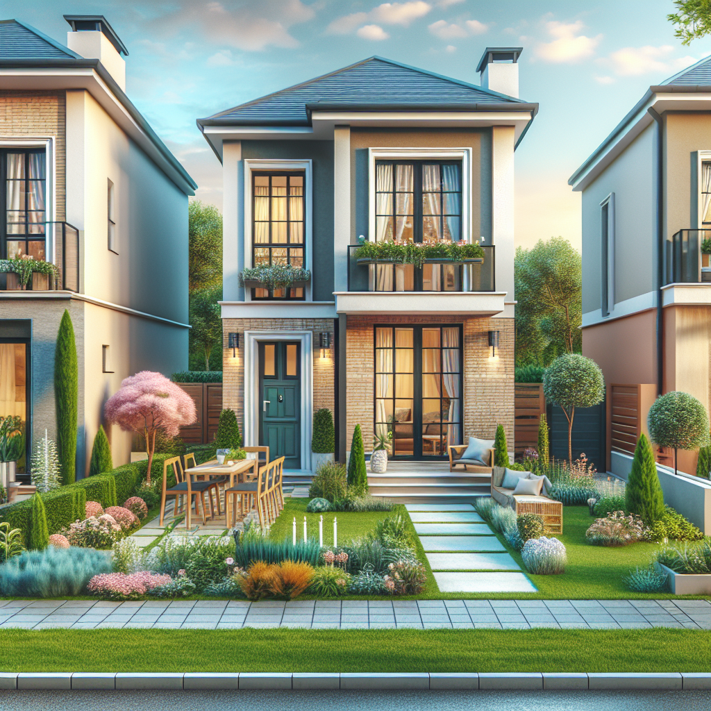 Una fotografía de la fachada y el jardín de la casa adosada que muestre la arquitectura típica de la región y los espacios exteriores bien cuidados