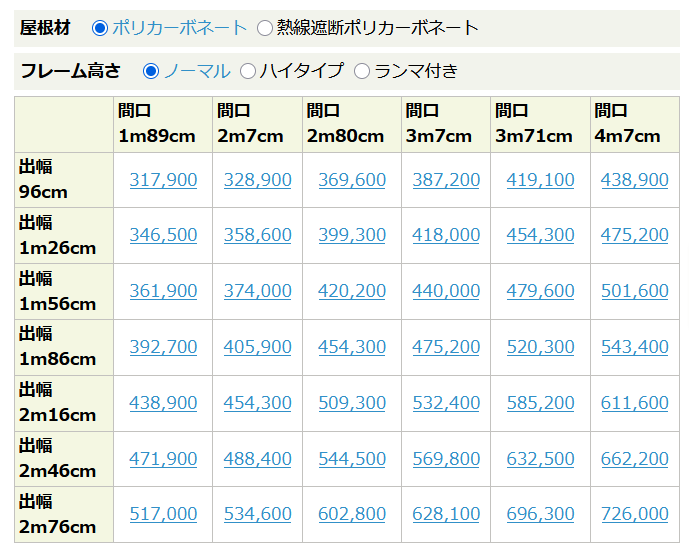 YKK　ソラリアテラス囲い　価格表