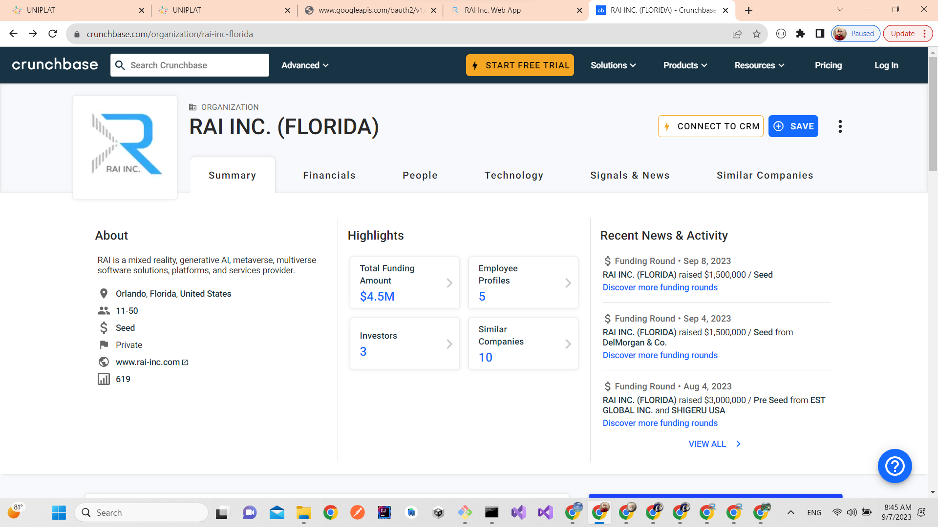 RAI INC. (FLORIDA) is now ranked TOP 500+ on crunch base