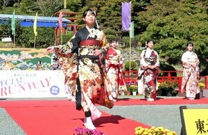 二本松の菊人形会場でランウェイ　美少女図鑑モデル、振り袖姿で登場　菊あしらう