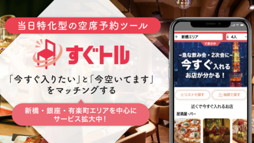 「近くにスグ入れるお店がない…」都内の8割近くの人が経験する“空席探し”の苦労を即・解決。当日特化型の空席予約プラットフォーム「すぐトル」