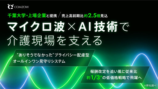 〈従来比約1/3の低価格〉千葉大学協力のマイクロ波×AI高齢者見守りシステム。報酬改定を追い風に上場企業とのタッグで全国の介護現場をDX「COMZOW」