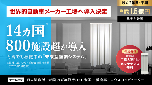 〈14か国で採用〉世界的自動車メーカー工場へ導入決定の「未来型空調システム」。引合い多数で創業2年目にして売上約1.5億円・黒字計画
